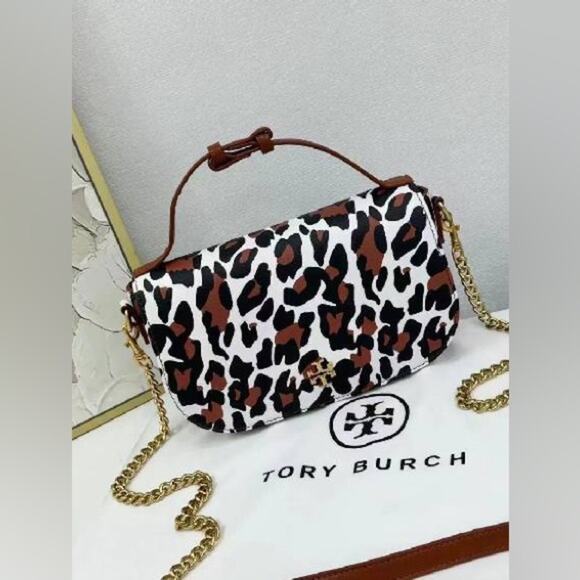 NWT Tory Burch Emerson Printed Top Handle Crossbody In Leopard Print Chainlink - Picture 1 of 15